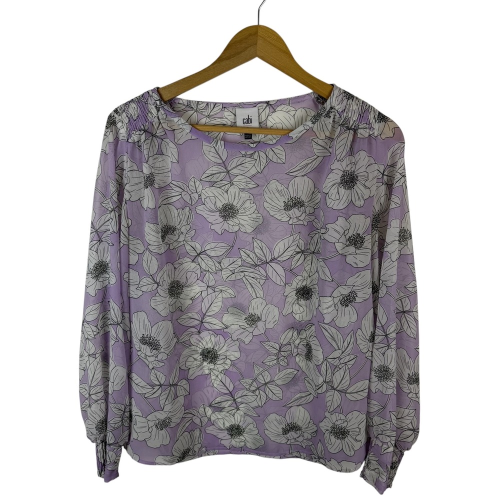 Cabi Floral Smocked Chiffon Blouse‎ Small Lilac Purple Lightweight Sheer Pastel